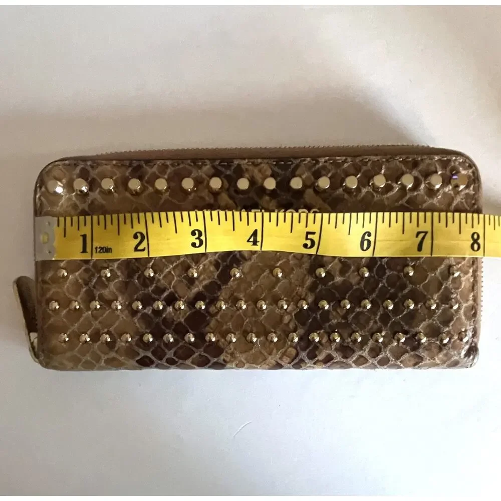 Michael Kors Studded Snakeskin Zip Around Wallet Womens Tan Gold